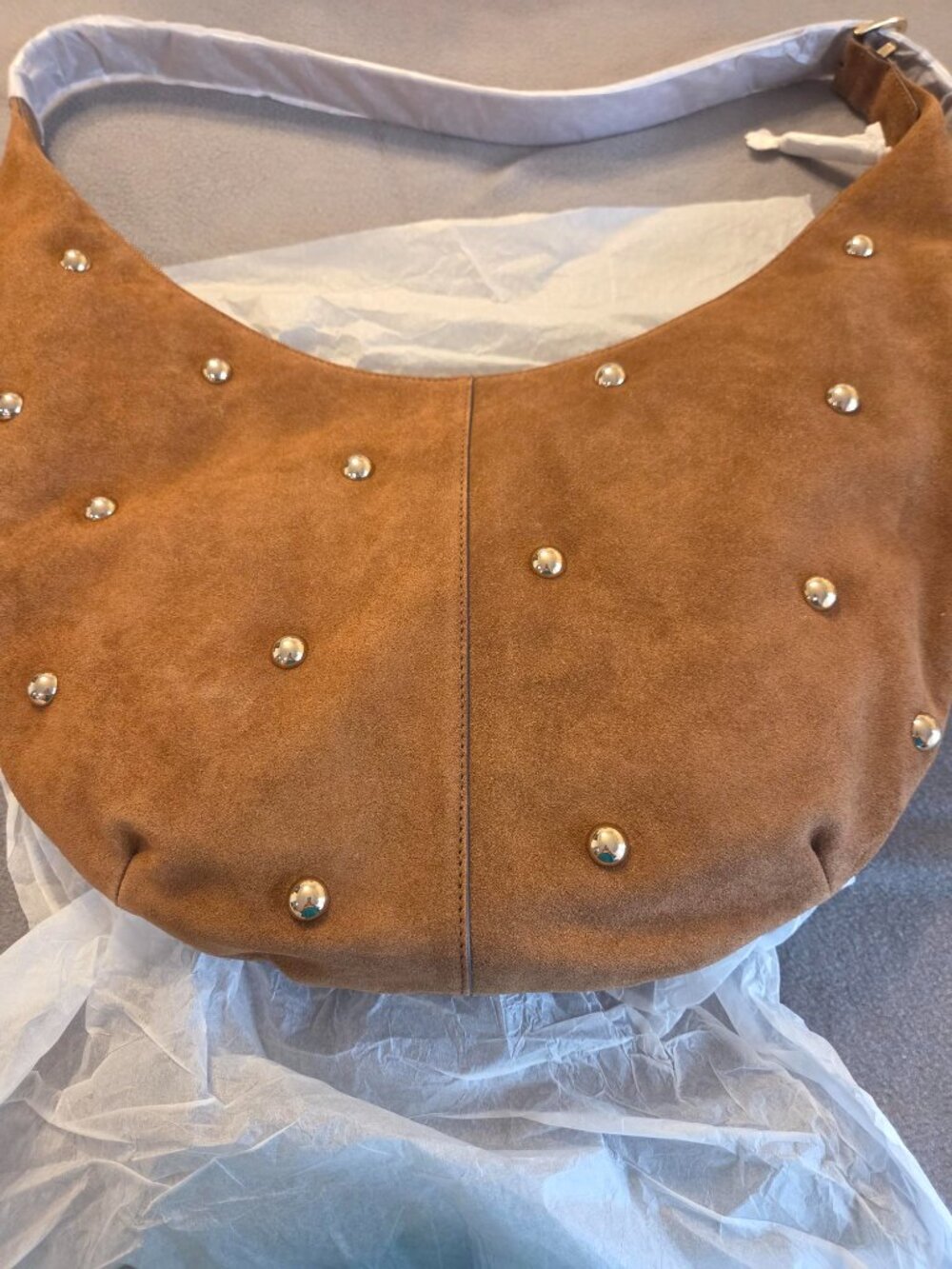 NWT The Essential Curve Shoulder Bag (Studed Suede/Dried Acorn) - Picture 7 of 15